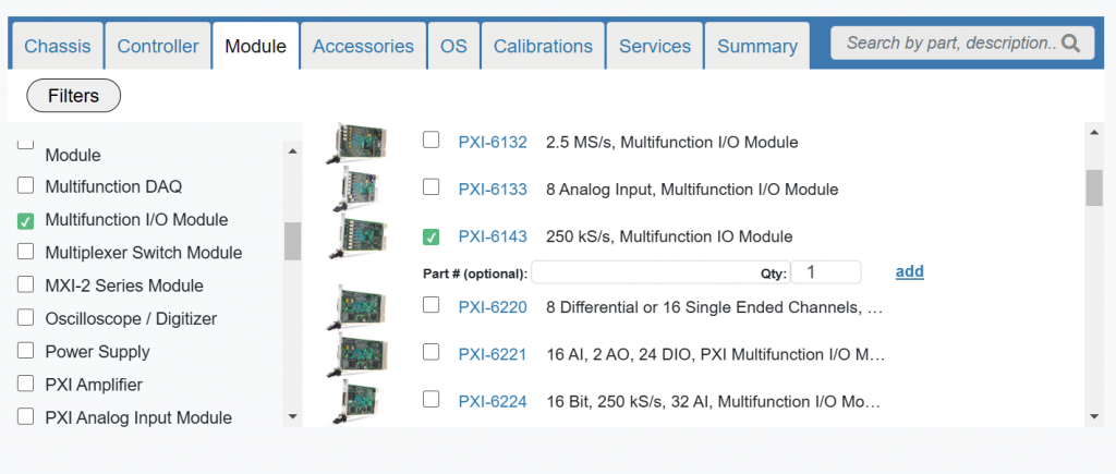 The Module tab and selection options on the Apex Waves PXI System Configurator