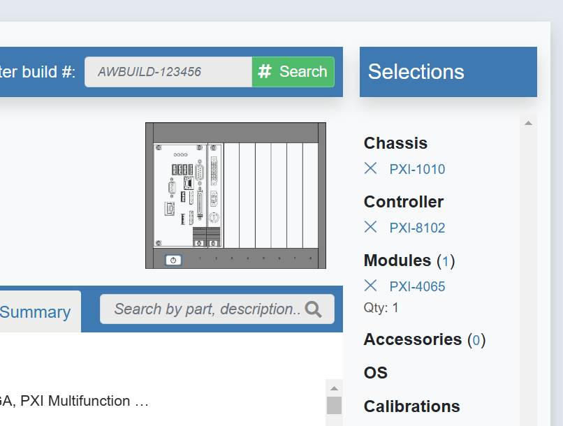 The "Selections" column and Chassis graphic of the PXI Part Configurator